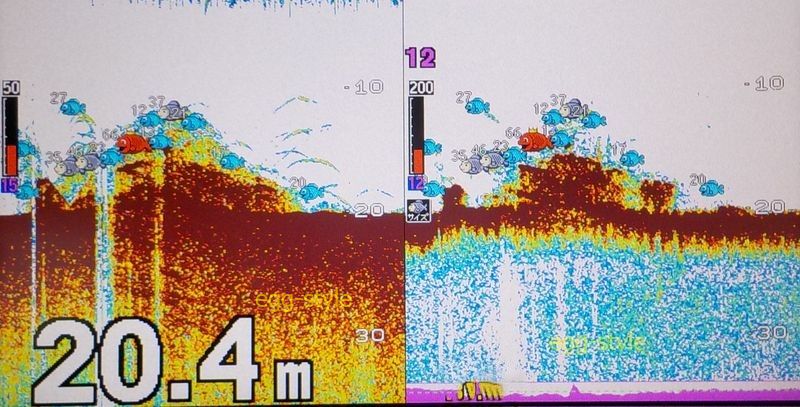 こんな魚探反応が出れば、チャンス到来なのですが、ひたすら我慢で待ちます